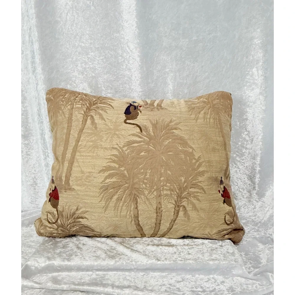 Tropical Monkey Tapestry Throw Pillow Tan Palm Tree Safari Decor Trimmed 18 x 14